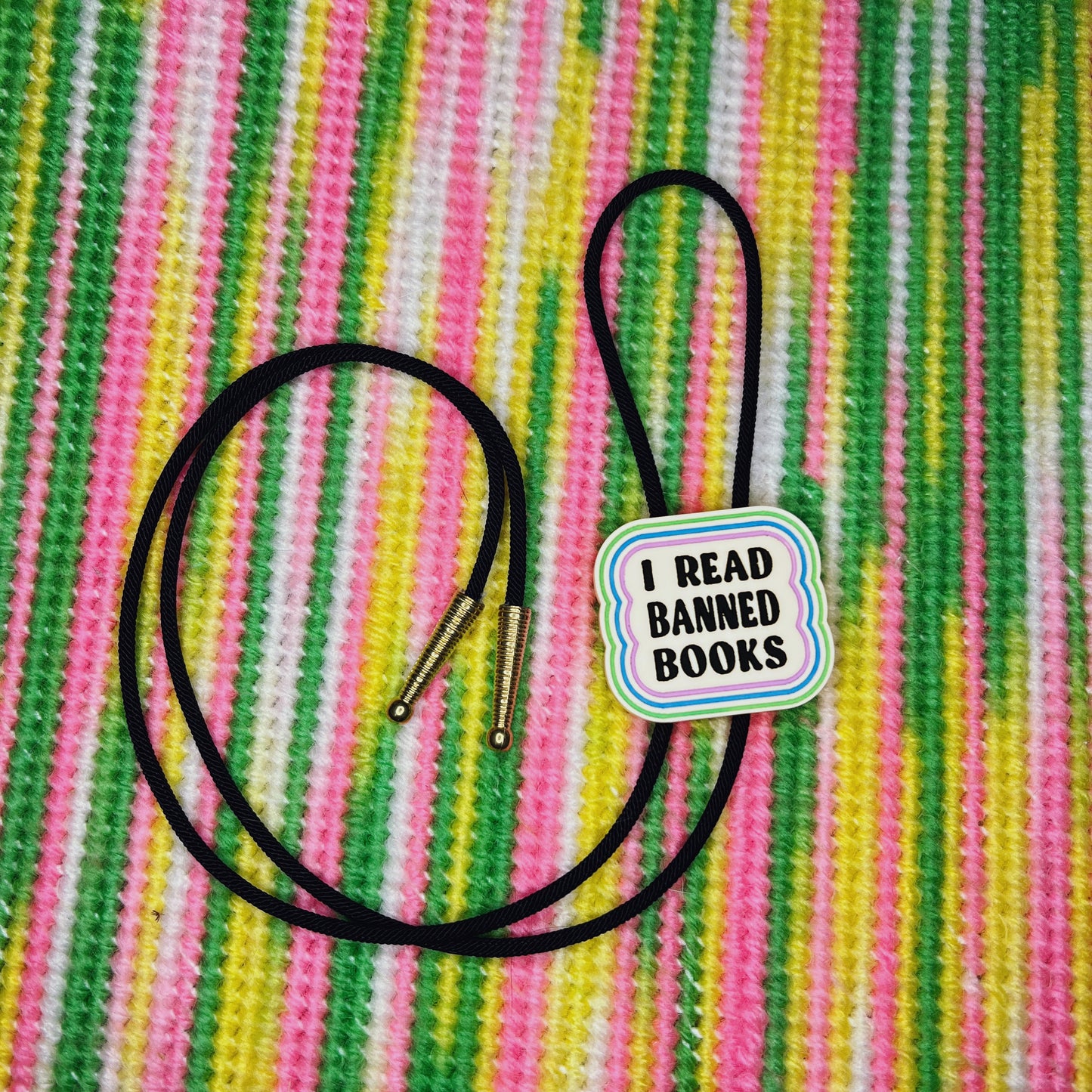 I read banned books handmade bolo tie (cool colors)