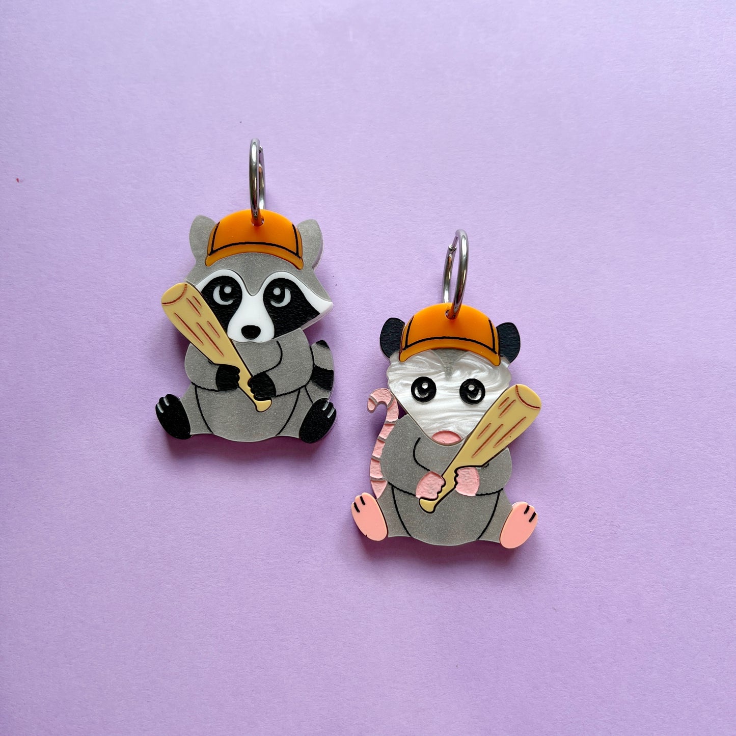 Opossum & raccoon baseball earrings (choose your color!)