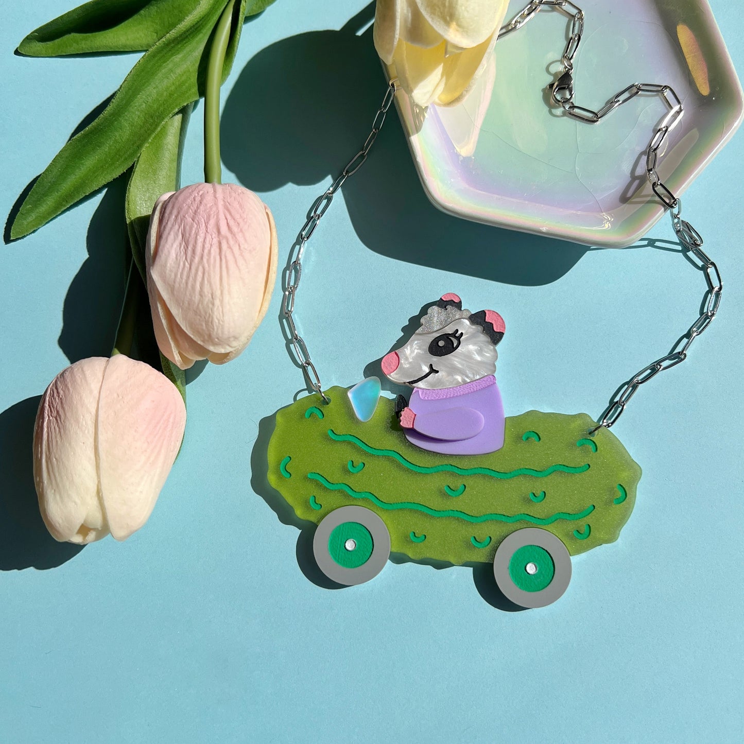 Opossum pickle car necklace