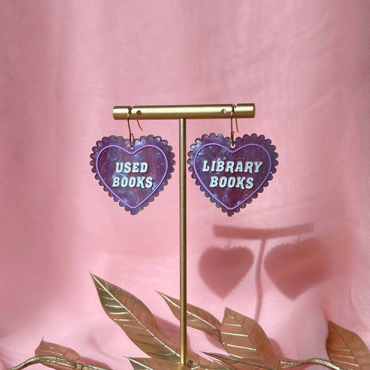 Purple library or used books heart earrings